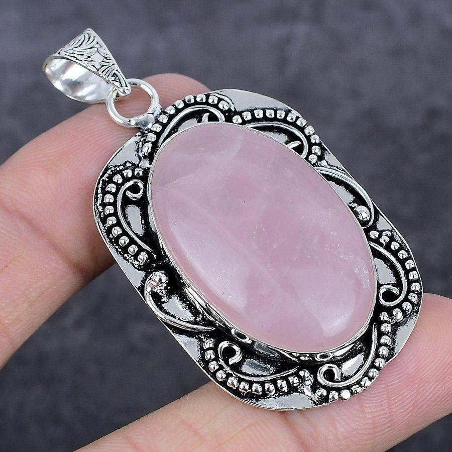 Rose Quartz Gemstone Handmade 925 Sterling Silver Jewelry Pendant 2.36" a5T96