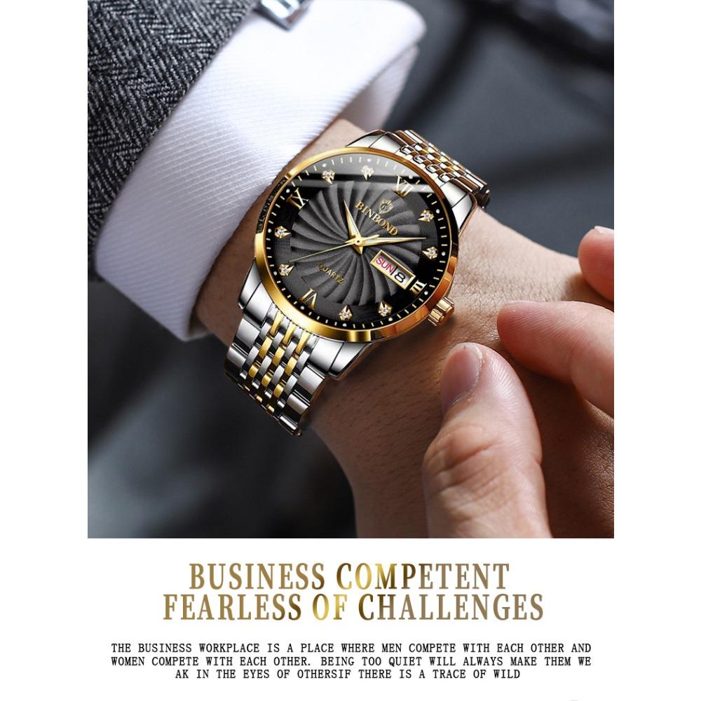 BINBOND Quartz Watches for Men Luxury Luminous Waterproof Precise Auto Date Week Display Men's Watch Casual Sturdy Reloj
