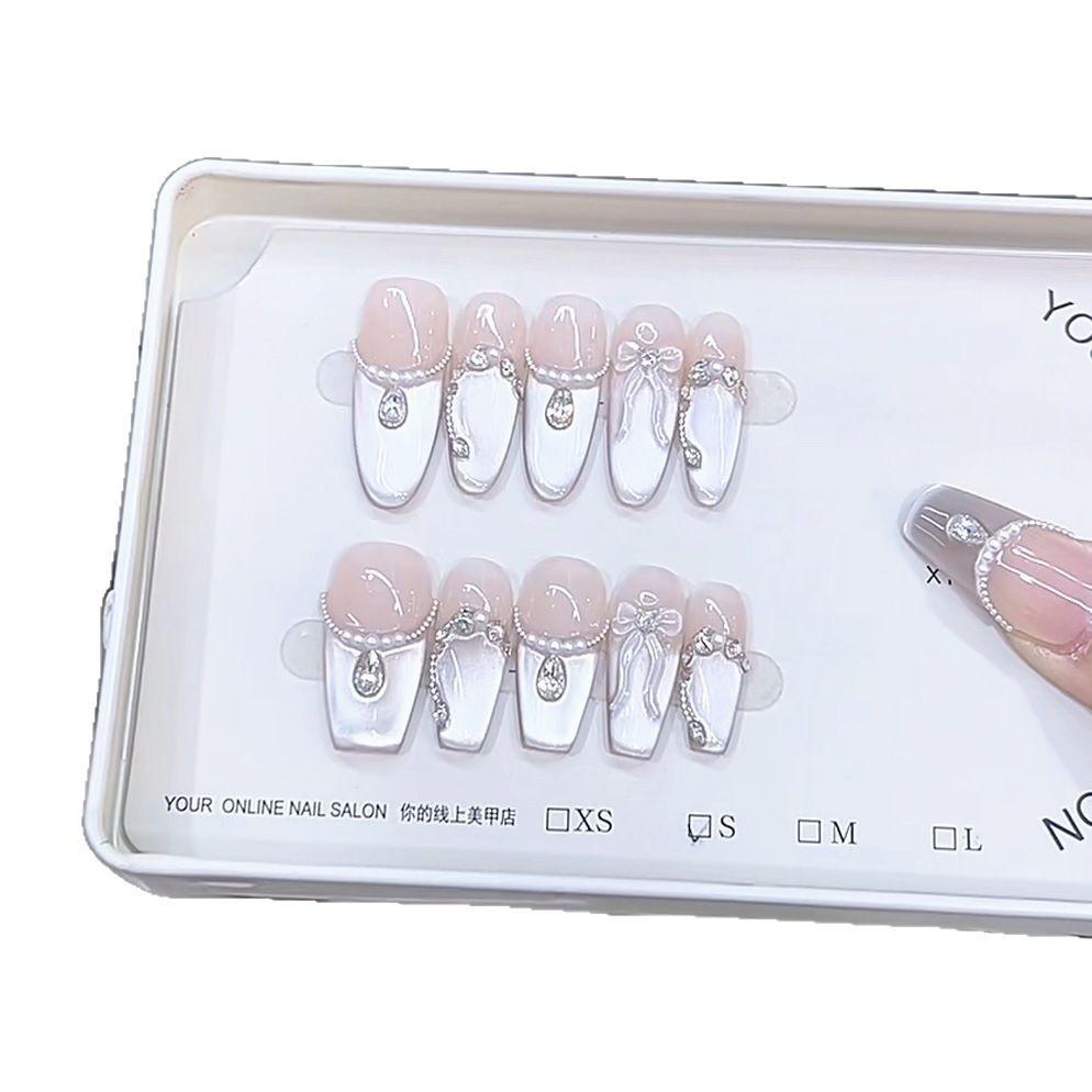 Hand-woven Armor Three-dimensional Relief Showing White Pink Rose Grammar French-style Diamond Cat Eye Nail Art Patch