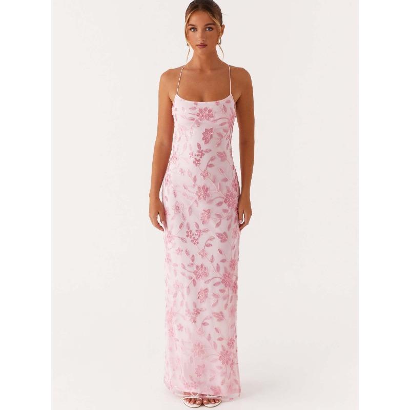 Personalisierter Pailletten-Stickerei-Halsrock Damen Sommer Neu Sexy Rückenfrei Hüftwickel Taille Hoher Schlitzrock