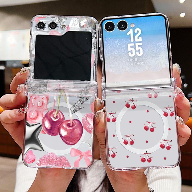 Cherry Fruits Print Case For Samsung Z Flip 8 7 FE 6 5 Magnetic Clear Hard PC Folding Phone Cover For Galaxy Z Flip8 Flip7 Flip6
