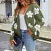 BITCED Damen 3D Floral V-Ausschnitt Strick-Cardigan Herbst/Winter Lässige Strickjacke mit entspannter Passform