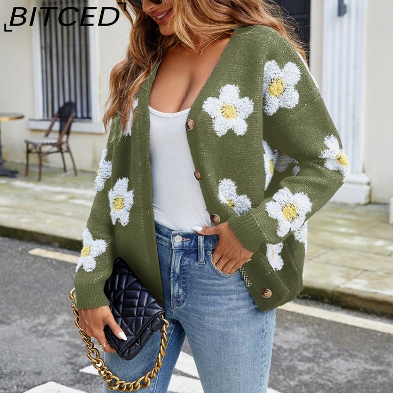 BITCED Damen 3D Floral V-Ausschnitt Strick-Cardigan Herbst/Winter Lässige Strickjacke mit entspannter Passform