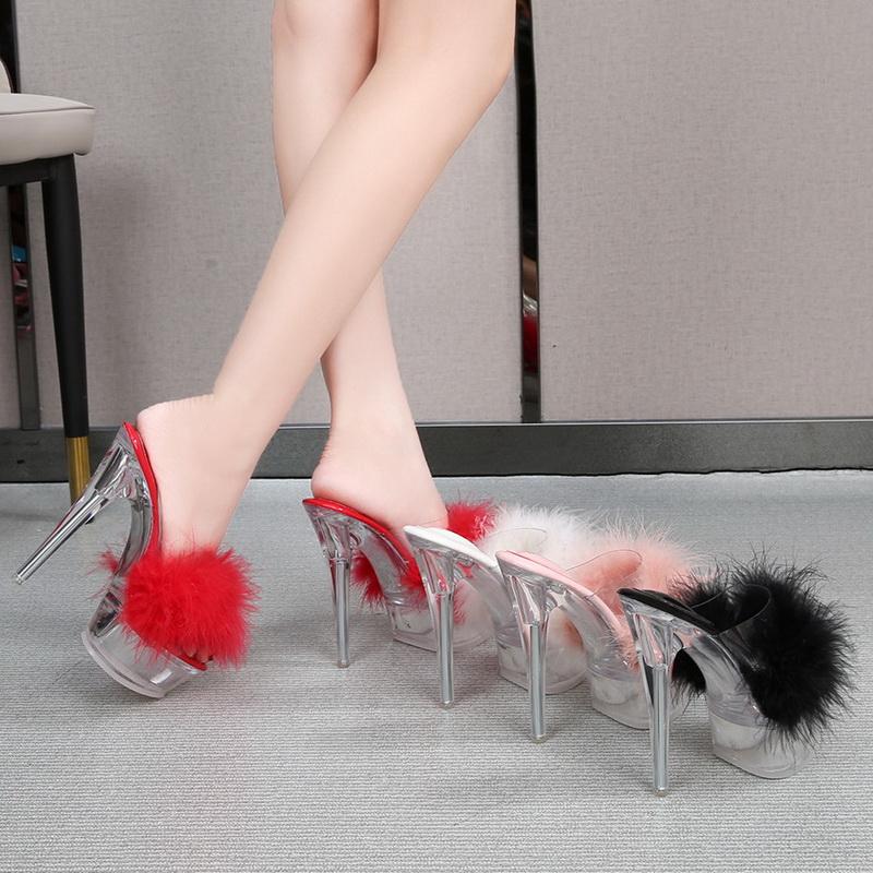 Damen Kunstpelz Kristall Riemchen-Sandalen Wasserdichte Plateau Transparent Hoher Absatz Sandalen für Büro Nachtclub Party Hochzeitsbankett