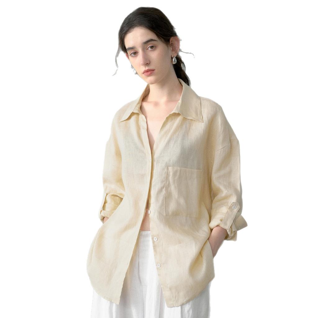 % Flax light and thin long-sleeved women's shirt spring and summer new solid color high-end loose women's shirt