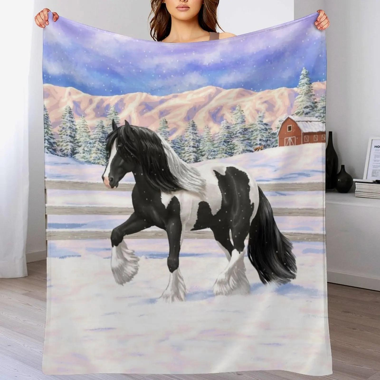 

Black Pinto Piebald Gypsy Vanner Draft Horse In Snow Throw Blanket Warm Comfortable Blanket for Office Napping 102x76cm(40x30in)