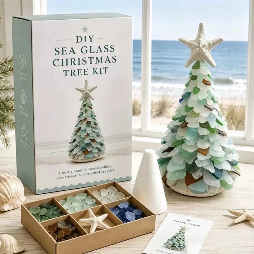 DIY Coastal Sea Glass Christmas Tree Kit with Starfish Handmade Craft Tabletop Ornament Xmas Holiday Home Decor Party Supplies