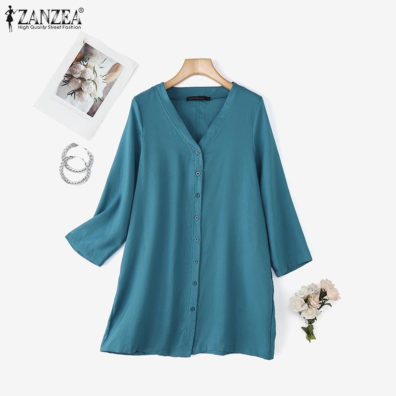 ZANZEA Women V Collar 3/4 Sleeve Buttons Up Casual Loose Long Cardigan Tops