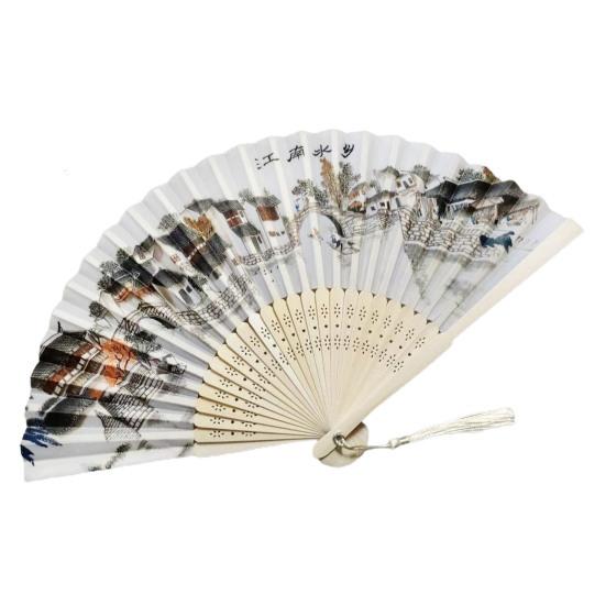 

Винтажный бамбуковый складной ручной веер для женщин в китайском стиле, имитация шелка, ручной веер с цветочным узором и вырезом для украшения церкви, подарок для танцевальной вечеринки черный белый