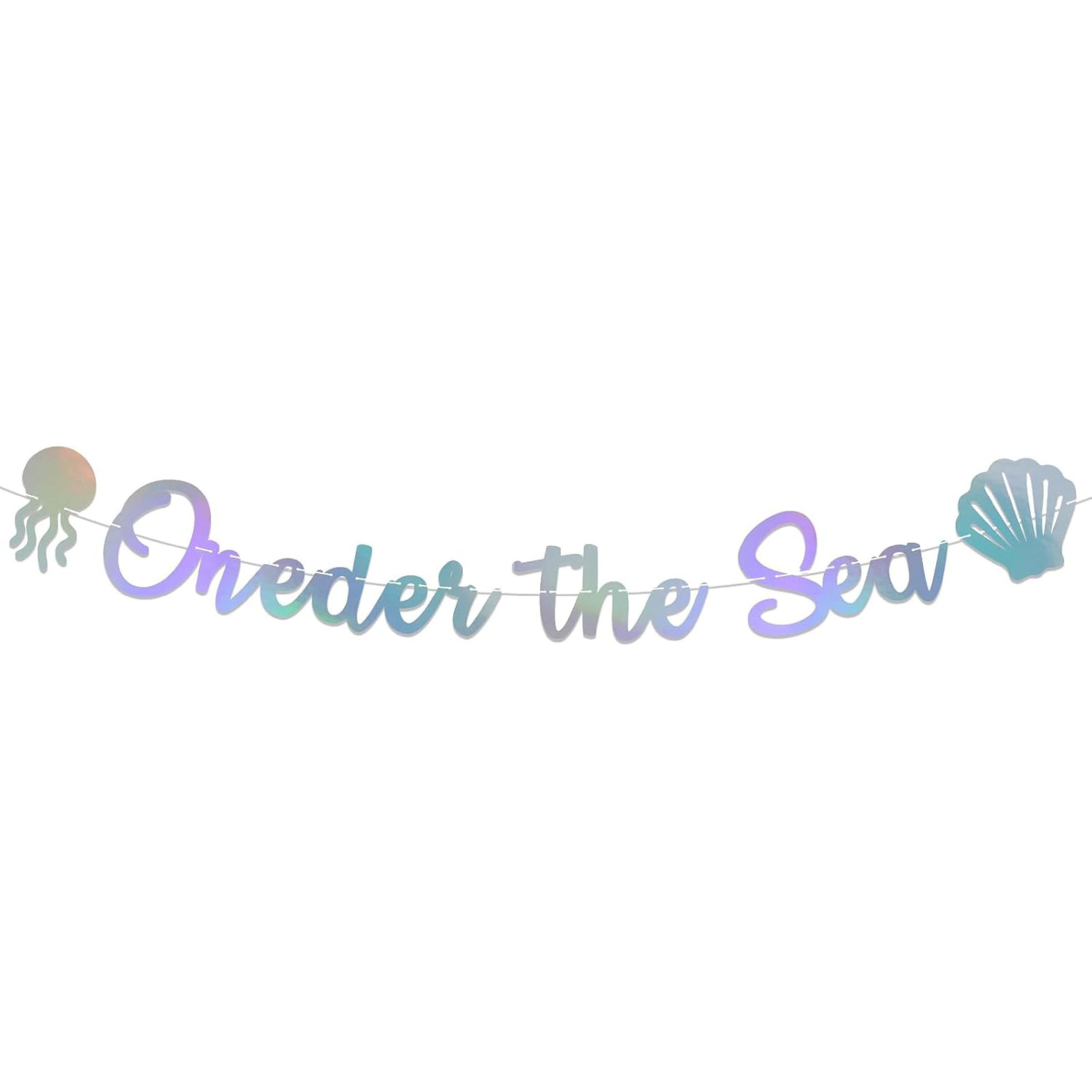 Oneder the Sea Banner, Pre - Strung, Under the Sea Themed 1st Biirthday Party Decorations, Ocean Mermaid 1st Birthday Baby Shower Party Decorations Holographic