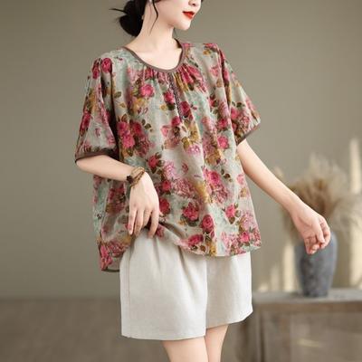 Summer Thin Printed Color Pullover Short Sleeved Shirt Artistic Retro Loose Bubble Cotton Linen T-shirt Top
