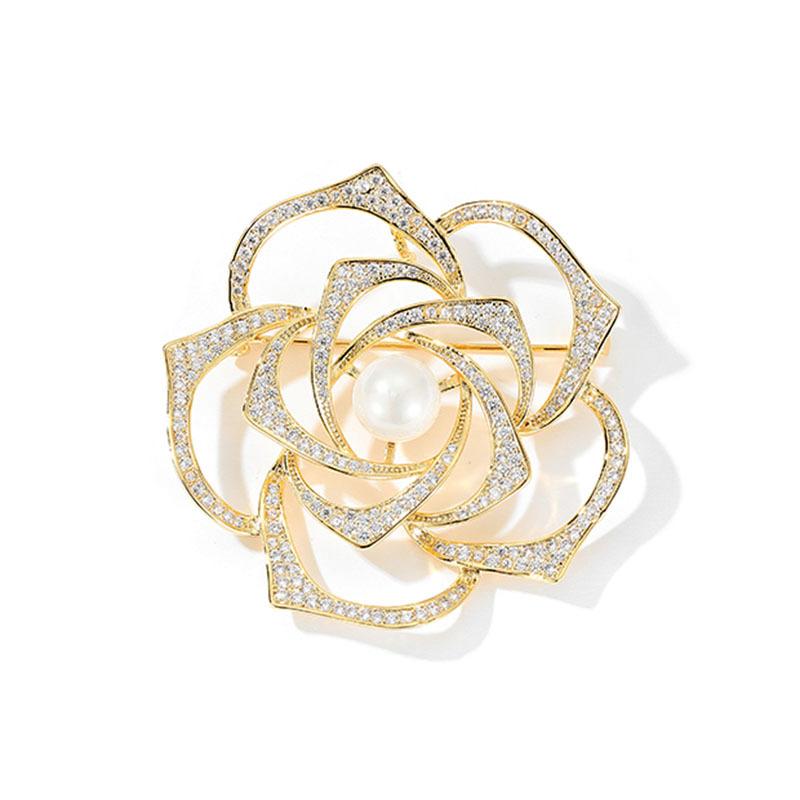 Elegante Kamelien-Perlenbrosche, Retro- und leichter Luxusstil, Anstecknadel, Mantel-Accessoire