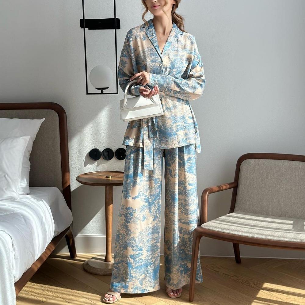 Women's Elegant 2-Piece Casual Outfit: French Print Long-Sleeve Lace-Up Shirt + High-Waist Wide-Leg Pants