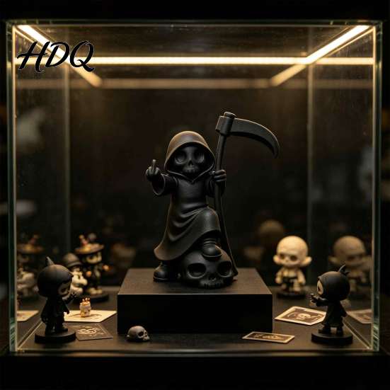 Niche PLA Model 3D Printed Cute Grim Reaper Figurine Skeleton Little Statue with Small Desktop Decoration Scythe & Skull Base Funny Gothic Halloween
