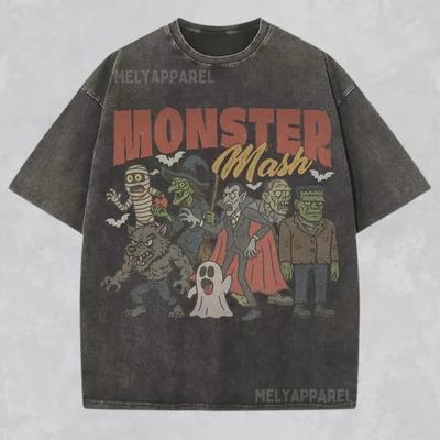 Halloween ; Monster Mash Vintage Horror Graphic Tee; Spooky Cartoon Print Unisex T-Shirt