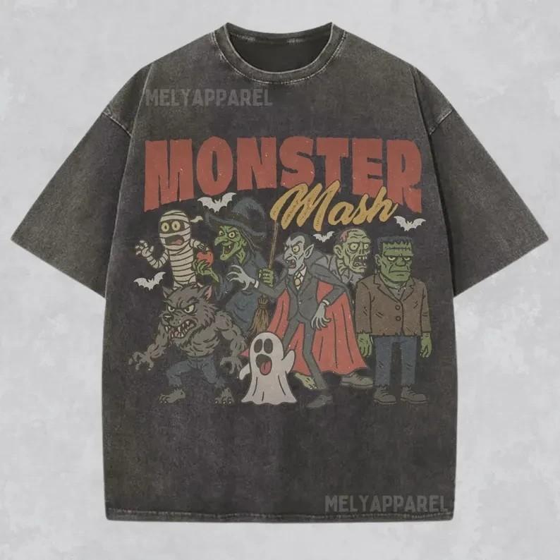 Хэллоуин ; Винтажная футболка с графическим принтом «Monster Mash»; Жуткая футболка с мультяшным принтом для унисекс M