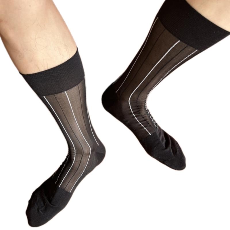 Mens Thin Dress Socks Silk Sheer Business Socks Contrast Color Ribbed Striped Pattern Middle Calf Socks for Formal Event