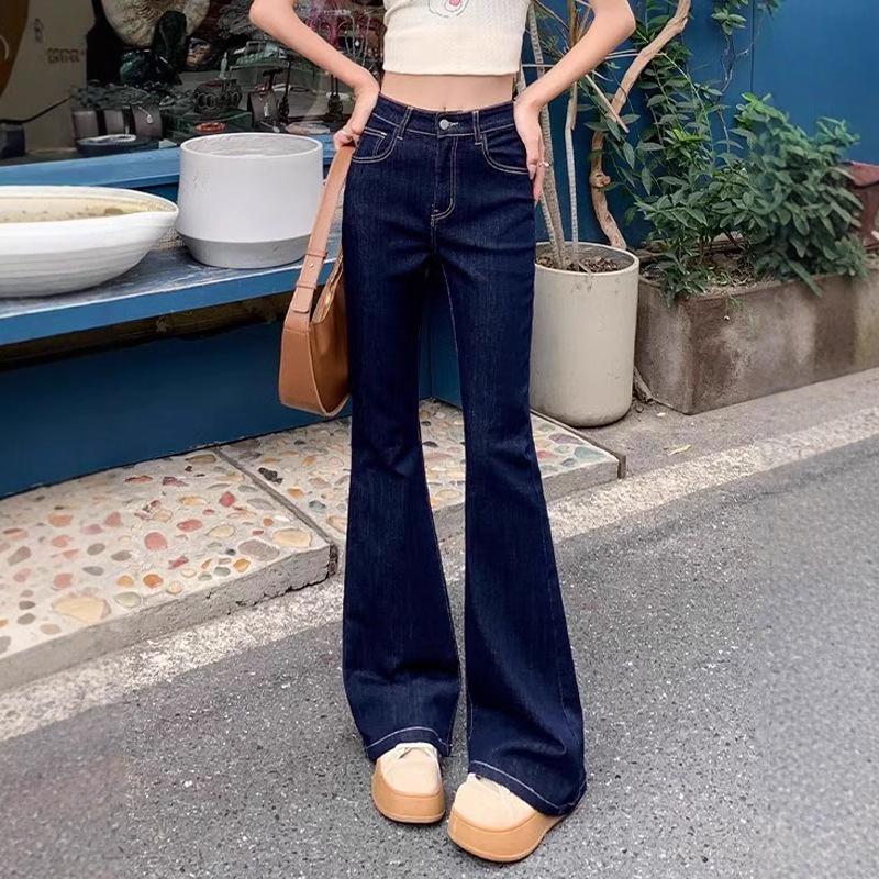 

Women s Dark Blue High Waist Micro Flare Jeans - Petite, Stretch, Slimming, Horseshoe, Long Pants for Autumn Medium