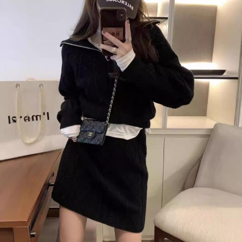 Autumn and winter new loose twist lazy jacket soft waxy hip skirt knitted zipper sweater cardigan suit women