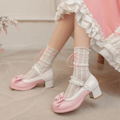 Süße High-Heel Single Shoes dicke Absatzschuhe Schleife Frühling und Herbst neu runde Spitze wasserdichte Sohle ein-Wort-Schnalle leichte Öffnung Schuhe