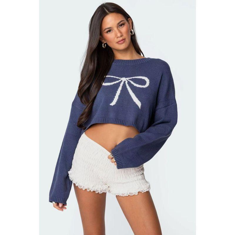 

Edikted Knitting Bows Short Sweater Fall and Winter New Arrival Fashionable Loose All-Match Knitwear Idle Style Women Deep Blue S