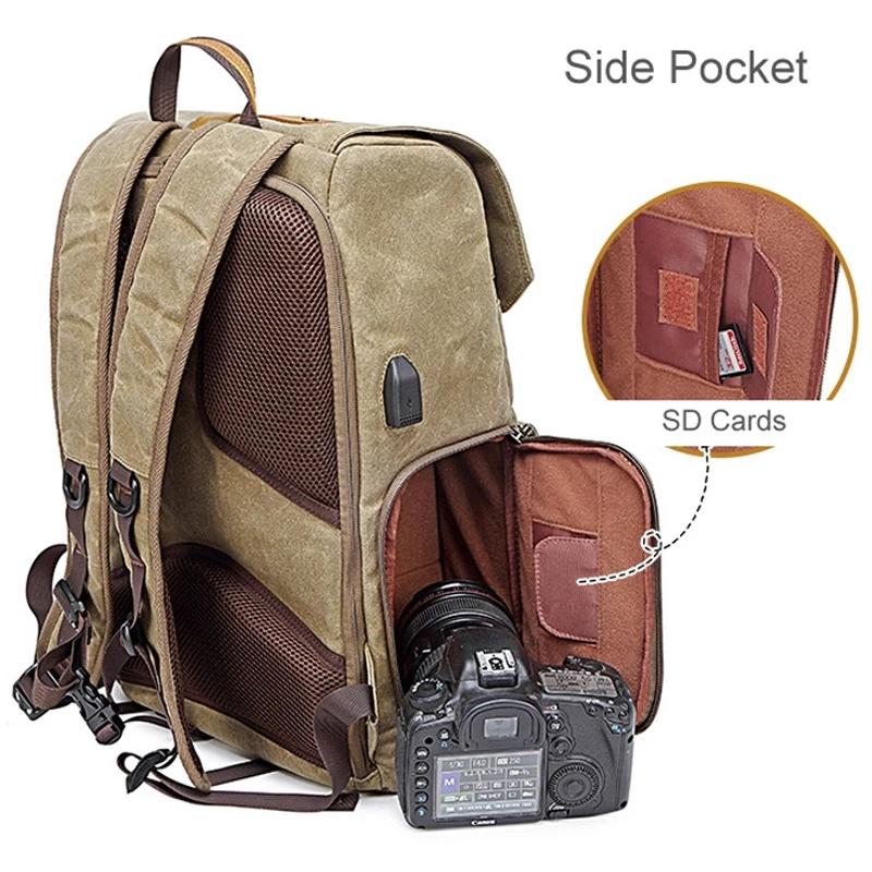 Photography Retro Waterproof Canvas Backpack USB Port 15.6inch Laptop Camera Bag Carry Case For Canon Nikon DSLR