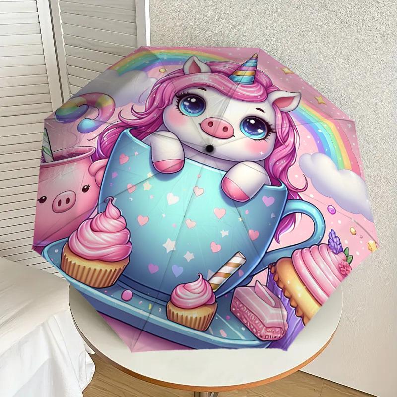 1PC unicorn cupcake Automatic Open/Close Umbrella with Windproof, 8-Rib Sturdy Canopy, Durable Ribs, Fashionable Design, Outdoor Accessory, Fun Prin,