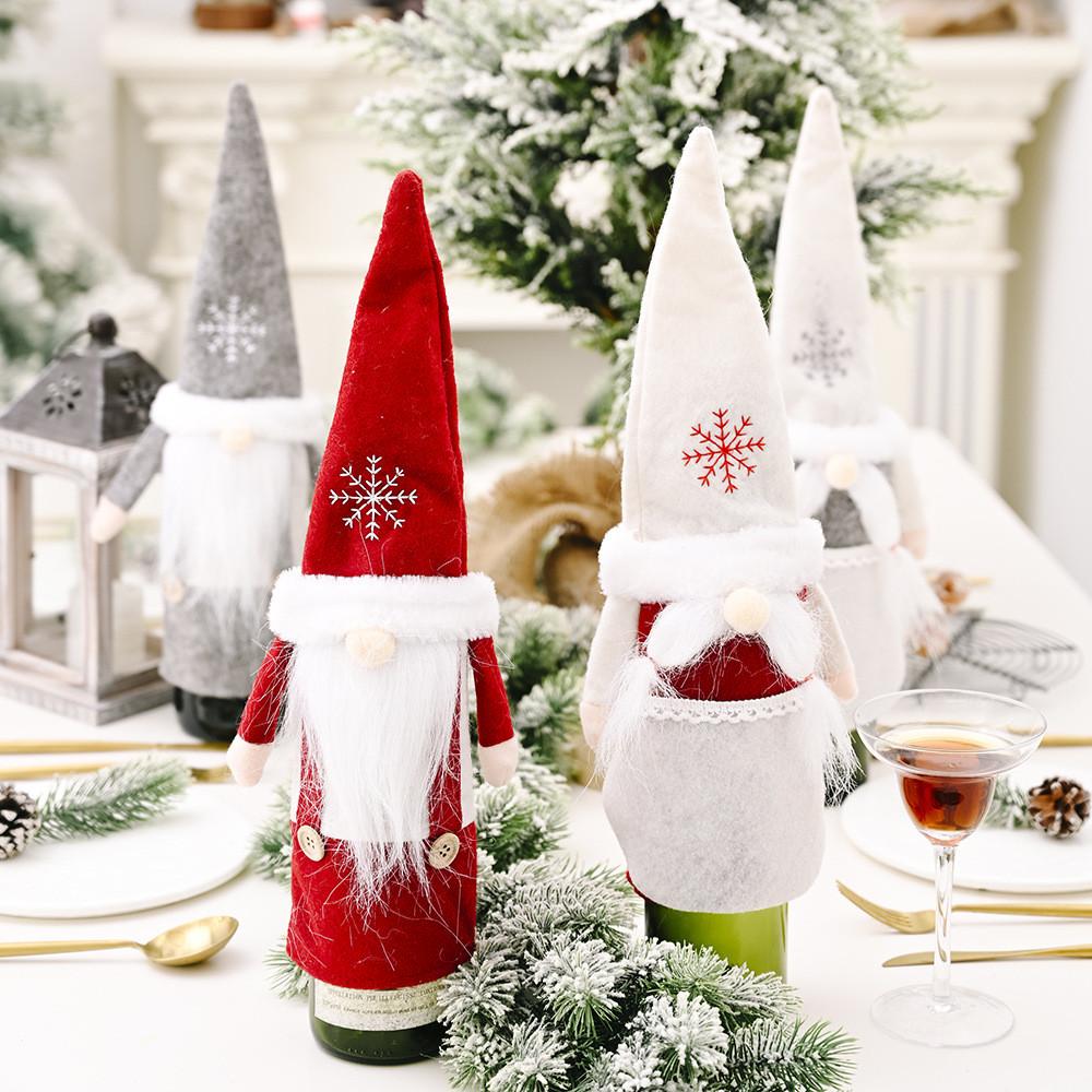 Festive Christmas Wine Bottle Covers Featuring Charming No-face Old Man Design In Red And Gray