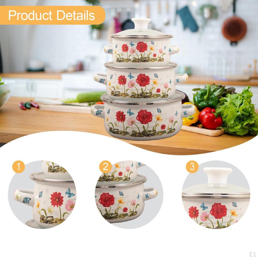 3 Enamel Pots with Handles And Lids for Soups Stews Beans Induction Gas Household Kitchen
