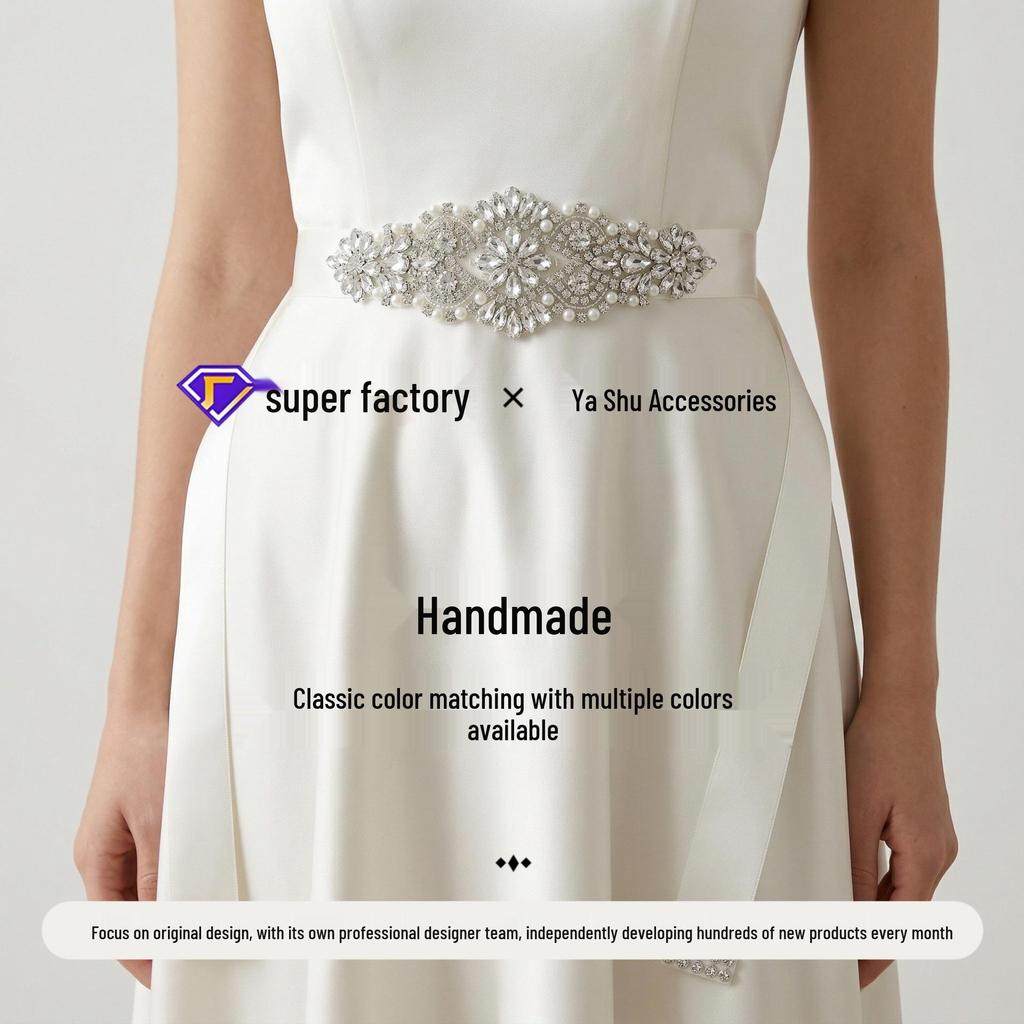 Elegant European & American Court-Style Pearl Rhinestone Hand-Sewn Bridal Waistband