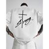 European Sizes Men's Oversized Christian Faith T-Shirt with Cross Graphic & BE STRONG JOSHUA 19 Bible Verse - Tattoo-Friendly Loose Fit