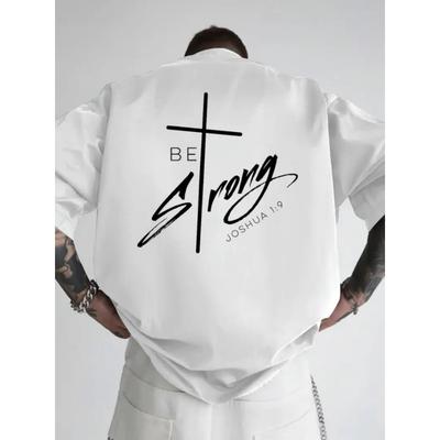 Europeiske størrelser Oversized T-skjorte for menn med kristen tro, kryssgrafikk og JOSHUA 19 bibelvers - Løstsittende, tatoveringsvennlig