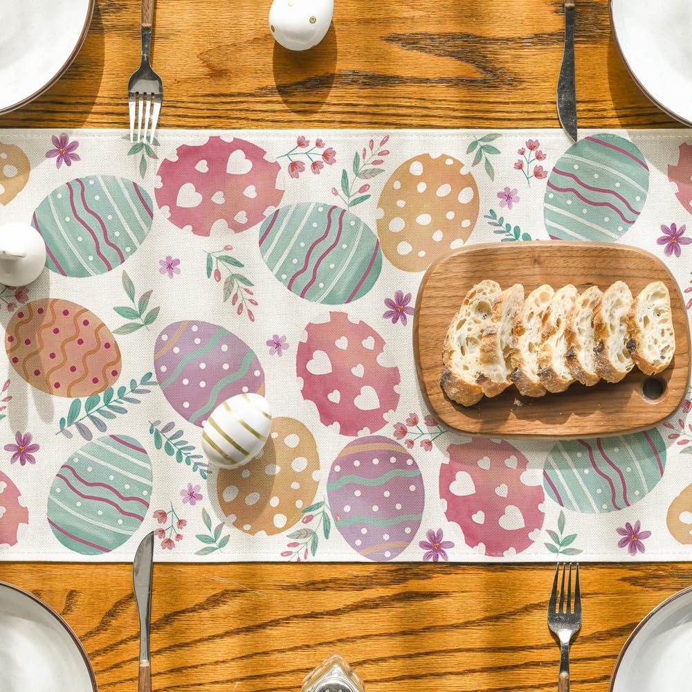 Artoid Mode Watercolour Easter Eggs Table Runner, Seasonal Spring Kitchen Dining Table Decoration for Home Party Decor 13x72 Inch