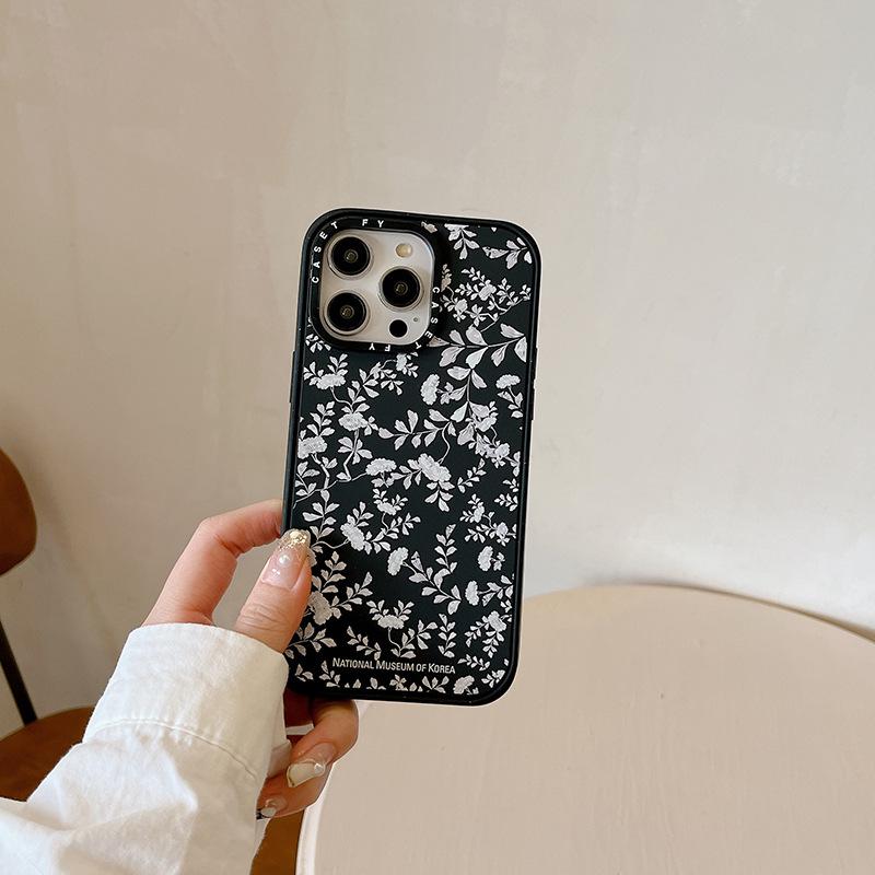 Matte Black Magnetic Metal Floral Graffiti Case for Apple iPhone 14, 15 Pro, 16 Pro Max