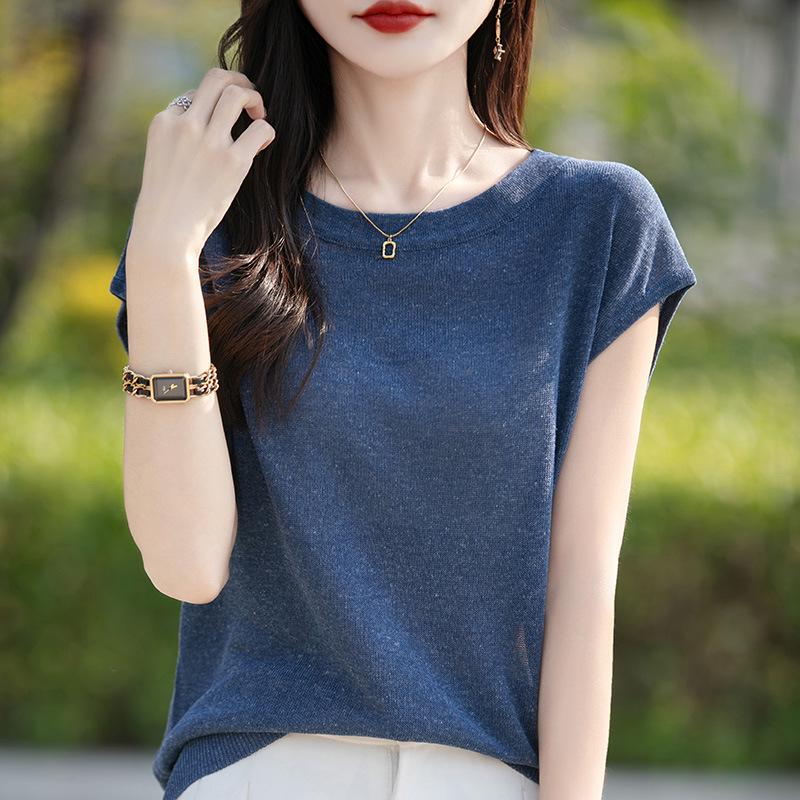 Women's V-Neck Lyocell Linen Knit T-Shirt - Spring/Summer 2026