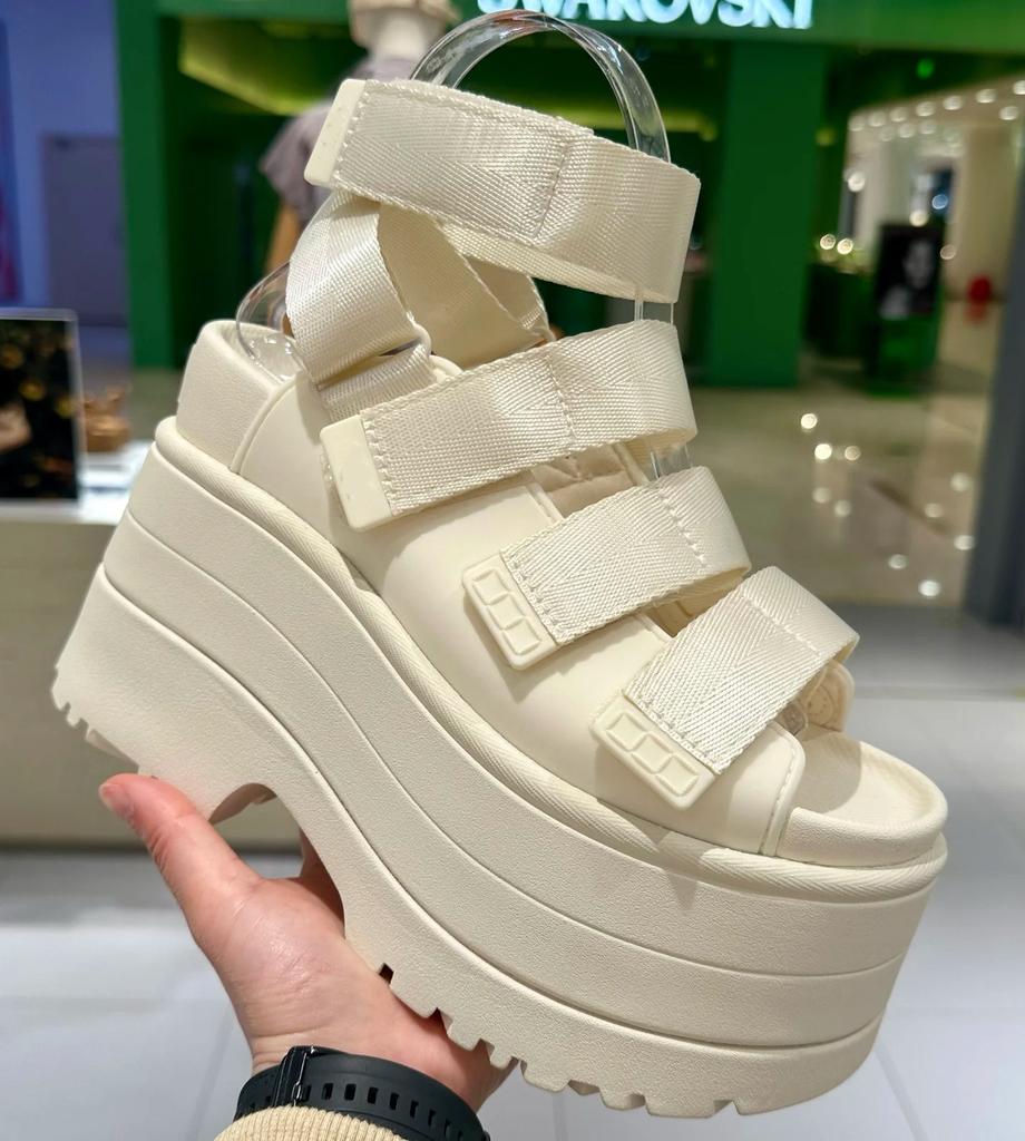 Summer new dazzling gold slope heel sandals fashion platform Velcro casual Roman sandals versatile casual sandals women