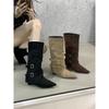 Vintage Pointed Wedge Trouser Boots Autumn Belt Buckle High Pile Boots Thin Boots