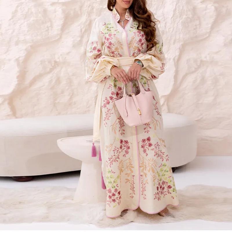 2026 Spring European & American Women's Printed Lantern Sleeve Tassel Dress with Waist Cinching and Lace-up Detail