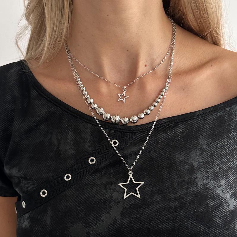 Fashion Metal Star Pendant Necklace For Women Punk Hip Hop Silver Color Multi Layered Pentagram Tassel Necklace Y2K Jewelry Gift