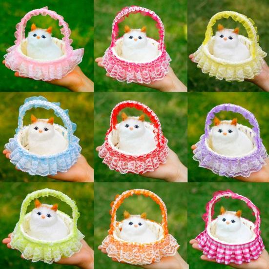 Cat In Flower Basket Model High Fidelity Fuzzy Kitty Shirring Lace Decor Battery-operated Soft Touch Plush Squeaking Feature Toy Figurine Holiday