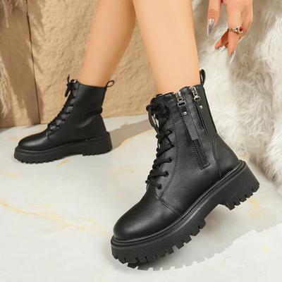 Women Boots Plus Size Comfortable Shoes Women Winter Lace Up Leather Motorcycle Boots Thick Warm Long Plush Ankle Boots Women