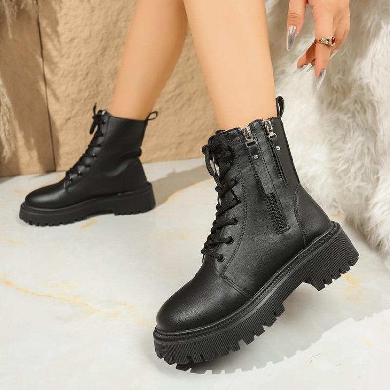 Fashion Women Boots Thick Warm Long Plush Ankle Boots Women Winter Lace Up Leather Motorcycle Boots Plus Size Comfortable Shoes Women