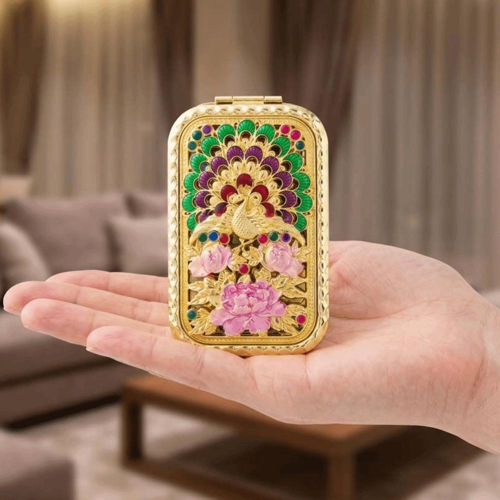 Square Compact Pocket Mirror Retro Double Sided Mirror Portable Peacock Makeup Mirror Beauty