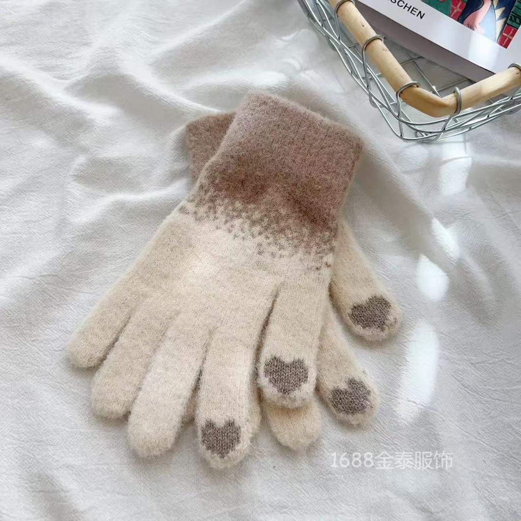 Christmas Wind Five-finger Gloves Cute Girl 25 Winter New Touch Screen Knitted Velvet Thickened Antifreeze Warm Gloves