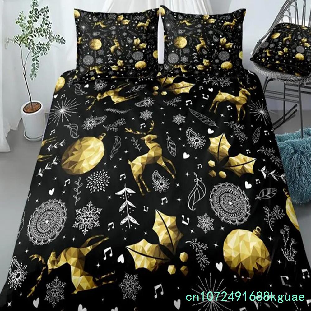 Merry Christmas Bedding Set Santa Claus Duvet Cover Set Winter Red Cartoon Snowman Bedclothes Black Gold Elk Quilt Cover Set