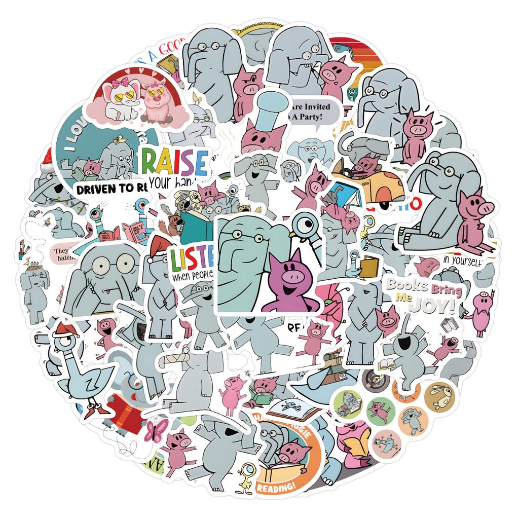 60 New Elephant and Piggie Graffiti Stickers Decorate Notebook Suitcase Cartoon Stickers