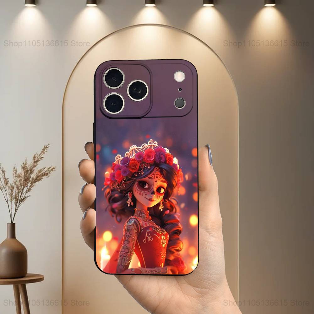 Catrina Skull Girl Mexican Case For iPhone 12,14,15,16,17,13,11,X,Mini,Plus,Pro Max,8,7,XR,SE,XS,Soft Silicone Black