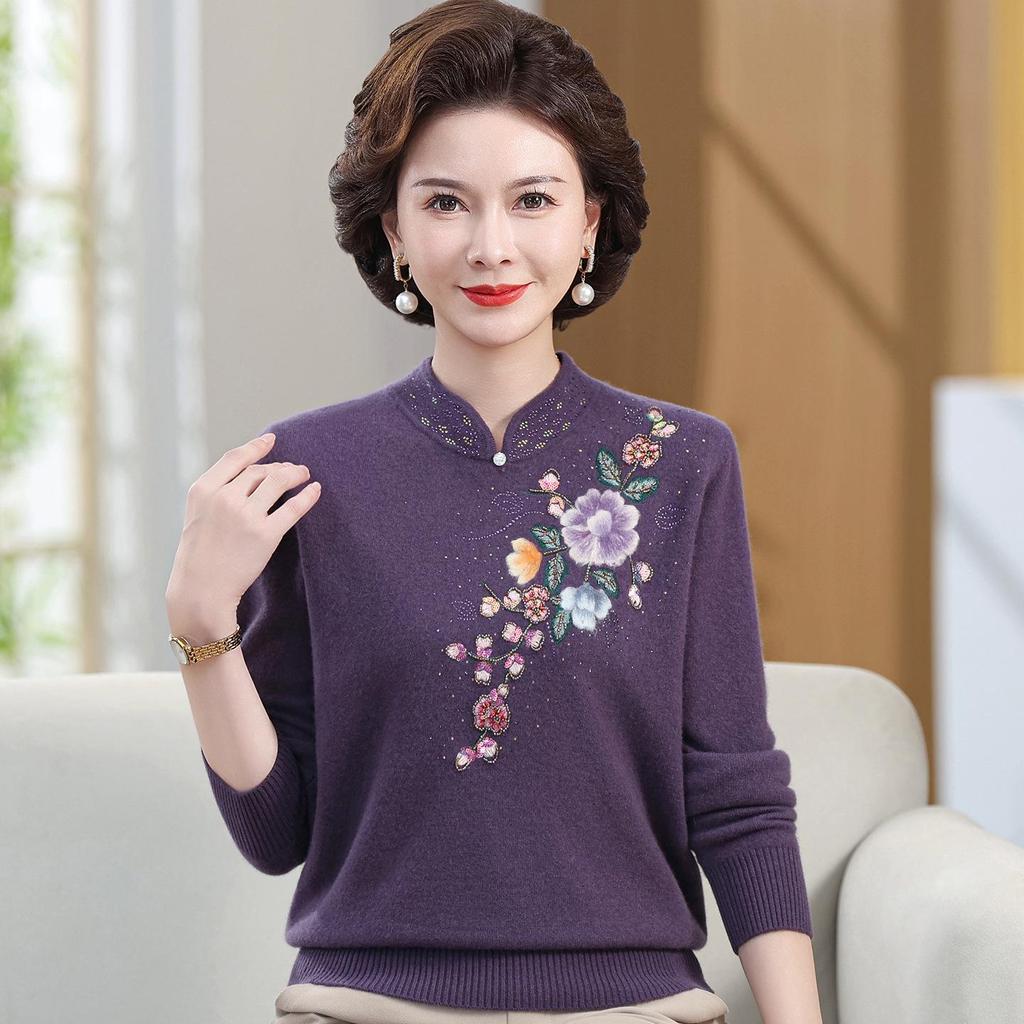 Elegant Embroidered Wool Qipao Collar Sweater for Autumn/Winter