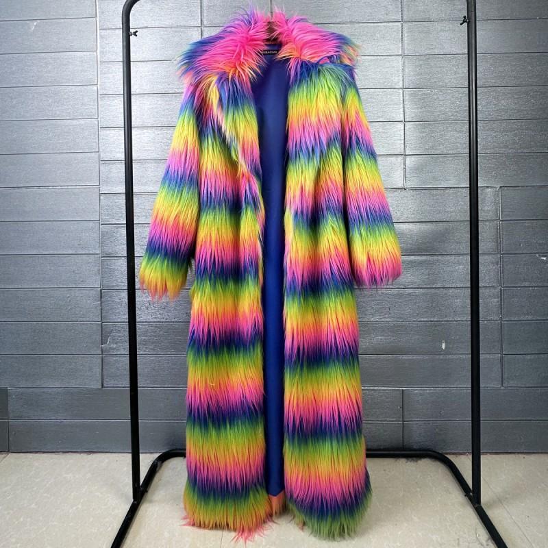 Womens Faux Fur Long Coat Notched Lapel Winter Streetwear Colorful Fluffy Outerwear