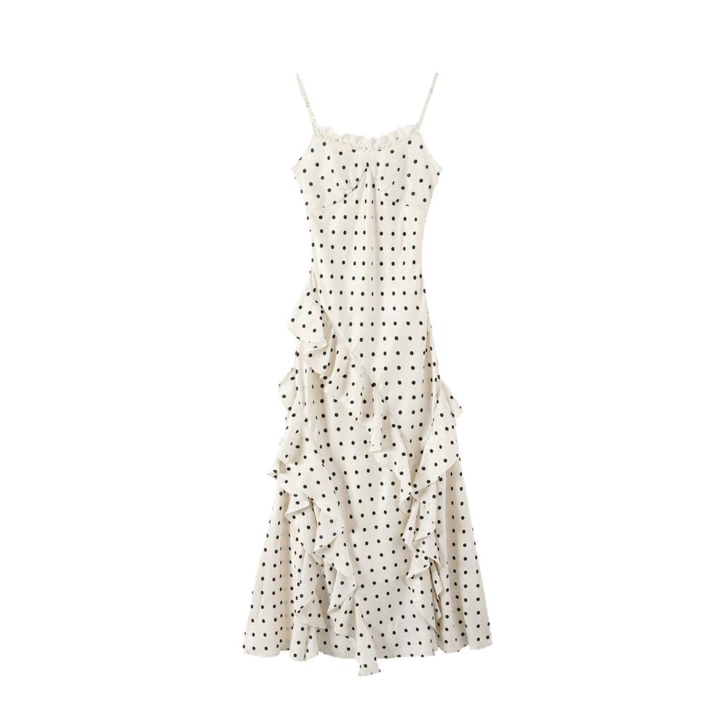 Design sense niche polka dot suspender dress women's spring and summer new French high waist ruffle edge fishtail skirt
